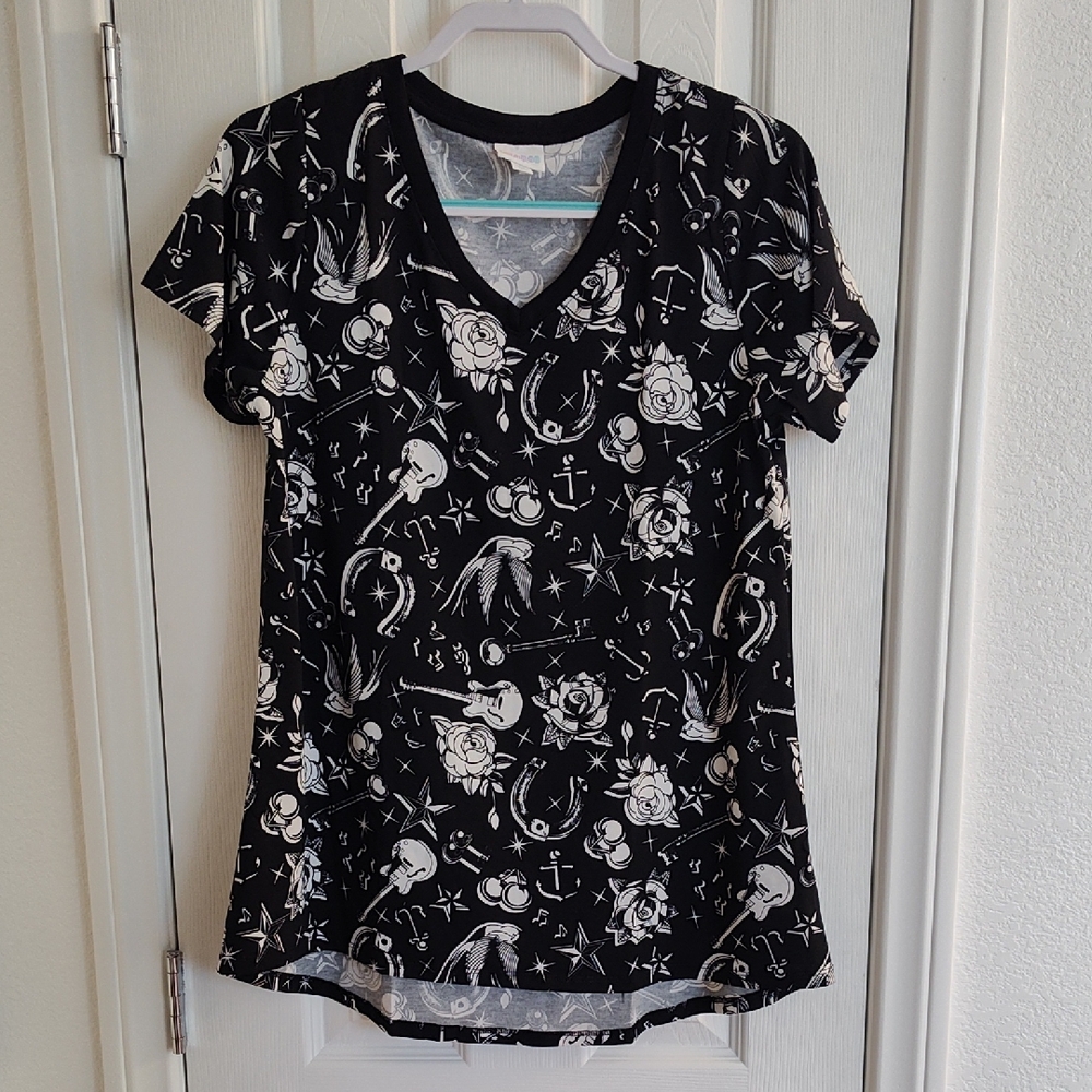 LuLaRoe Christy T Black and White Rock n Roll Graphic Tee Size M